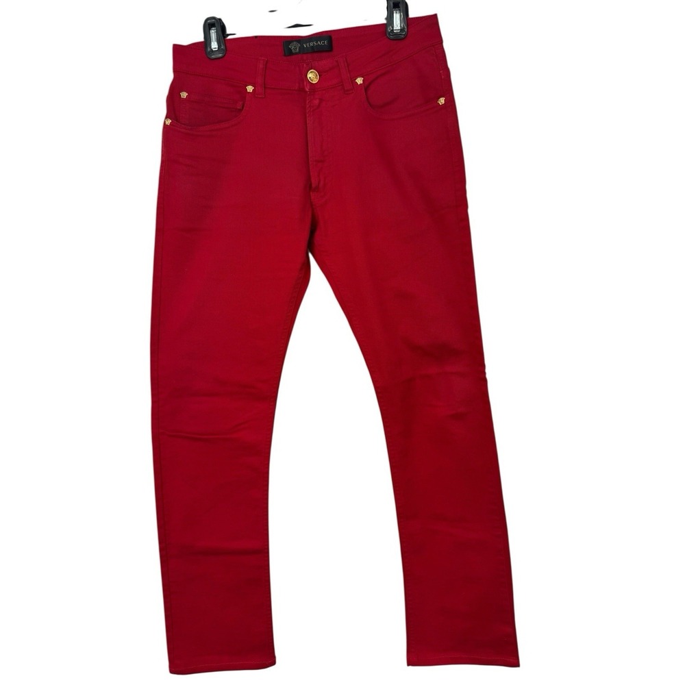 Gianni Versace Red Denim 30 X 28 Gold Medusa‎ Logo Italy Luxury